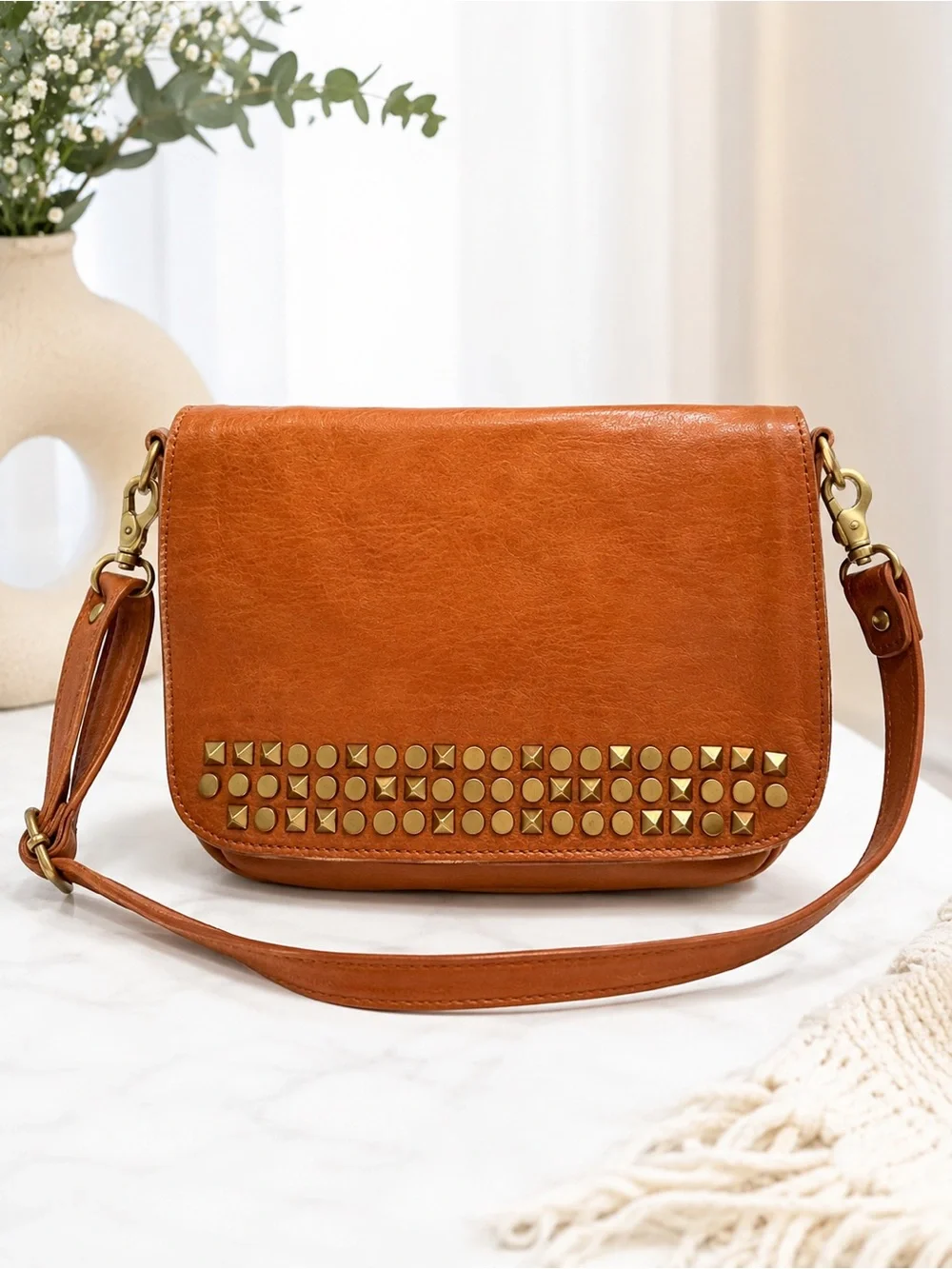 Tory Burch Vintage Studded Leather Crossbody Bag Cognac